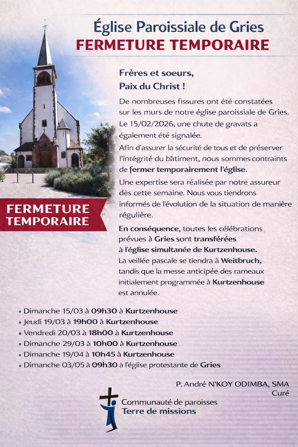 Fermeture temporaire de la paroisse de Gries
